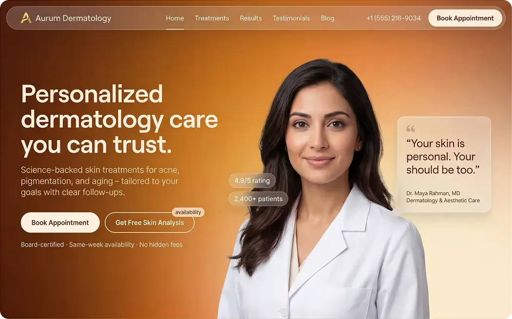 Aurum landing page with product highlight modules