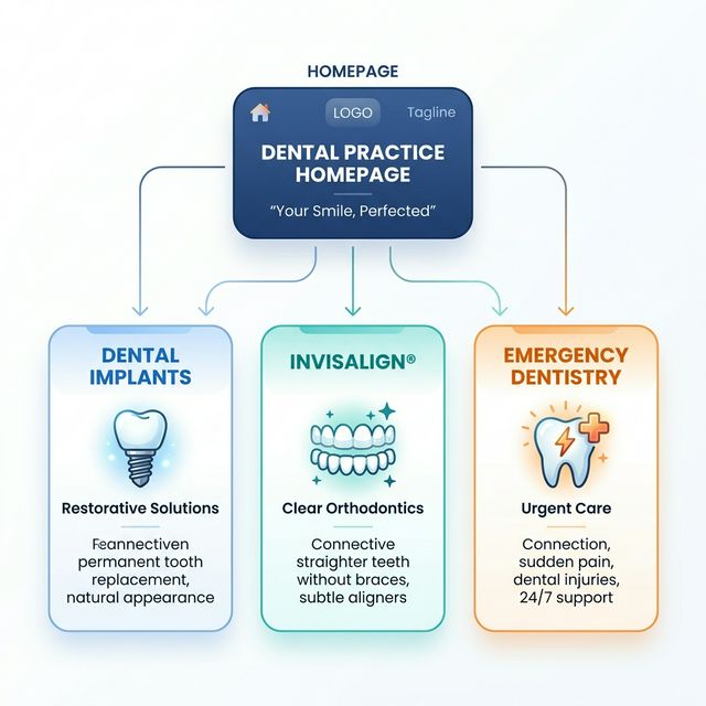 Dental keyword mapping diagram showing a homepage splitting out to separate service pages for implants, Invisalign, and emergency dentistry