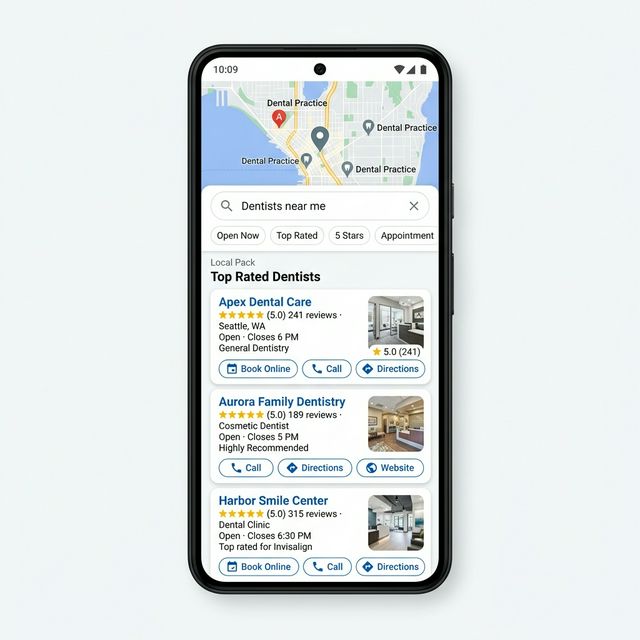 Local SEO map pack results for a dentist showing the top 3 spots with review counts and ratings