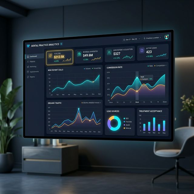 Dental SEO ROI Dashboard showing organic traffic, new calls, and patient conversion rate