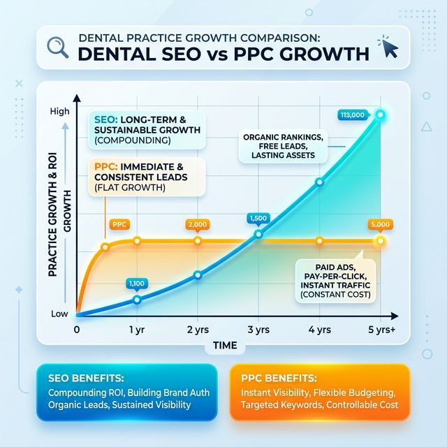 Dental SEO vs PPC compounding growth chart showing organic traffic increasing over time while paid traffic stays flat