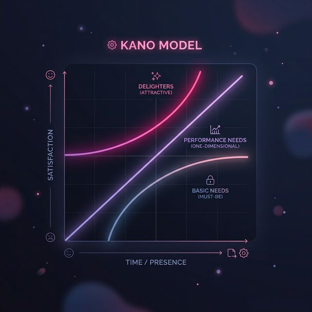 Kano Model graph illustrating Basic Needs, Performance Needs, and Delighters over time