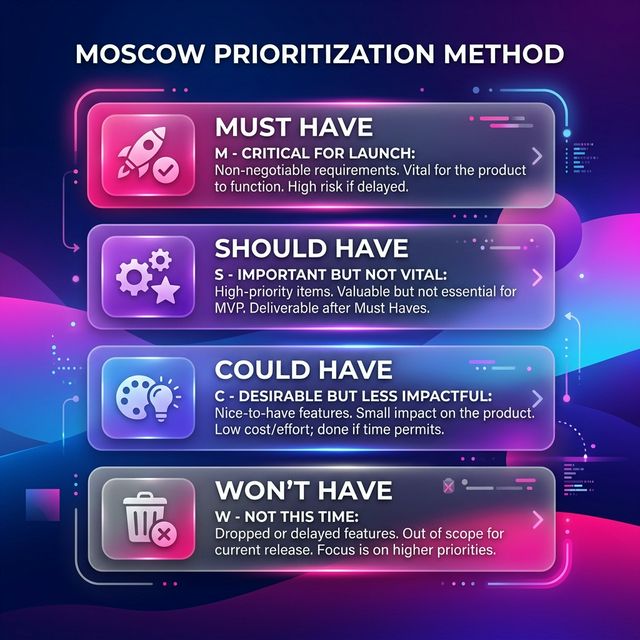 MoSCoW Prioritization Framework diagram showing Must Have, Should Have, Could Have, and Won't Have categories