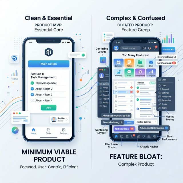 Feature bloat comparison: a clean MVP vs a confusing cluttered product