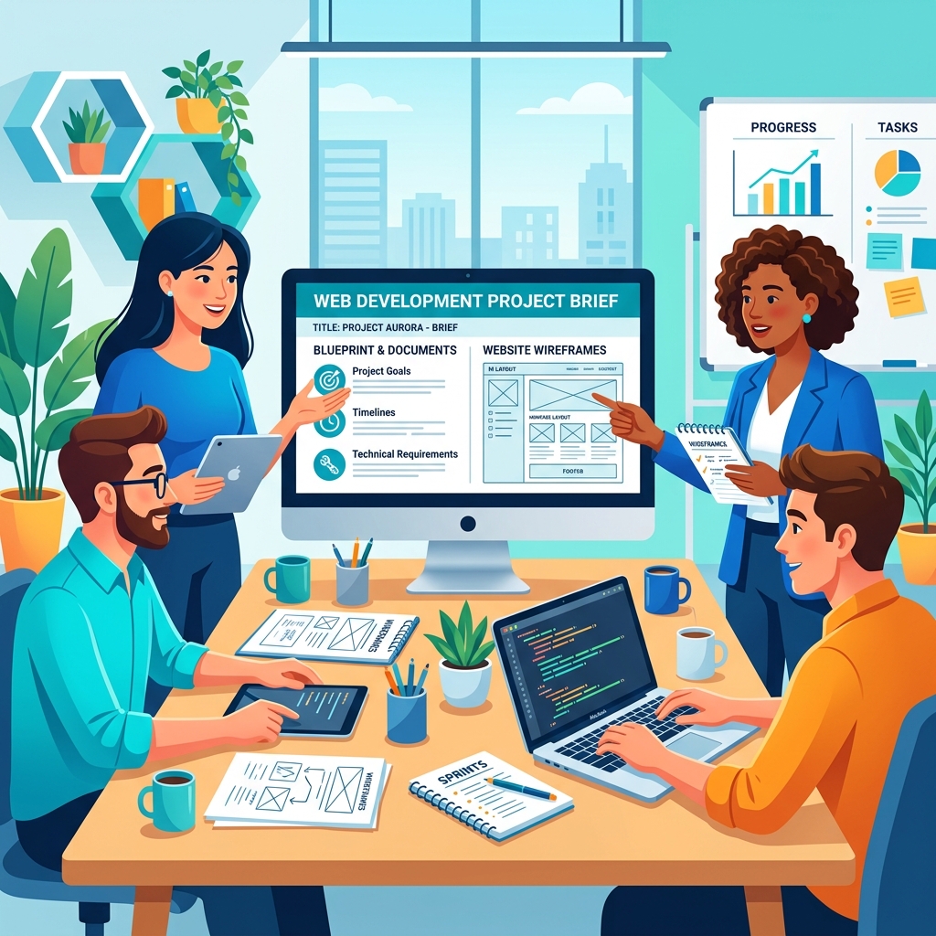 Team collaborating on a web development project brief