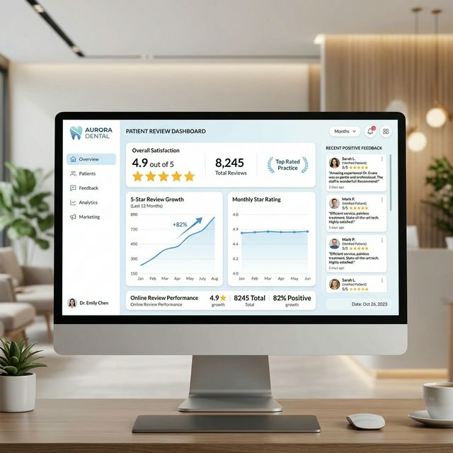 Sleek digital dashboard showing positive review metrics and 5-star patient feedback for a dental practice