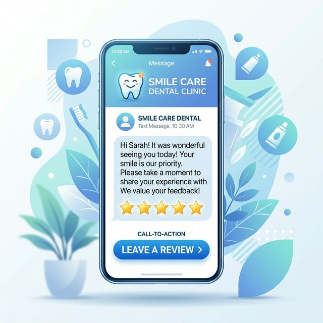 Smartphone displaying a 5-star review request text message from a dental clinic