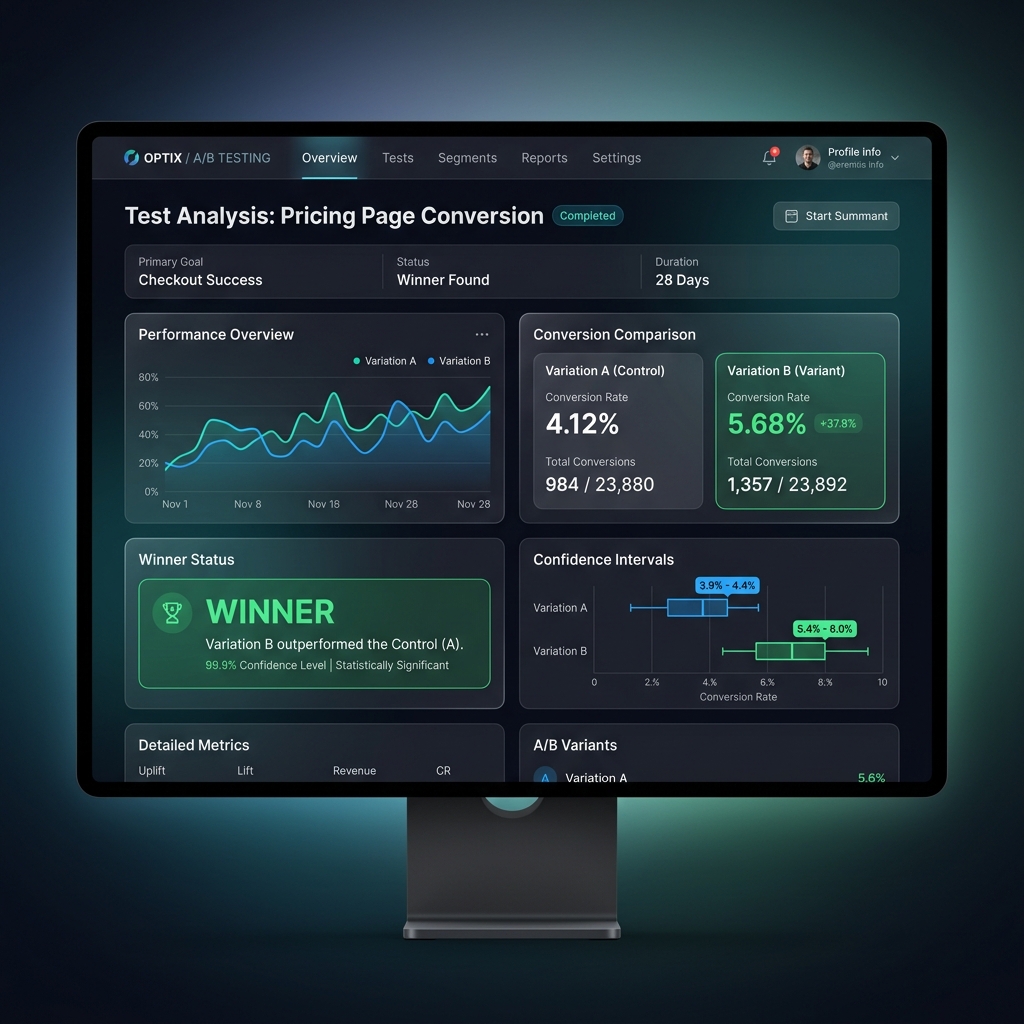 A/B testing dashboard showing conversion comparison and statistically significant winner