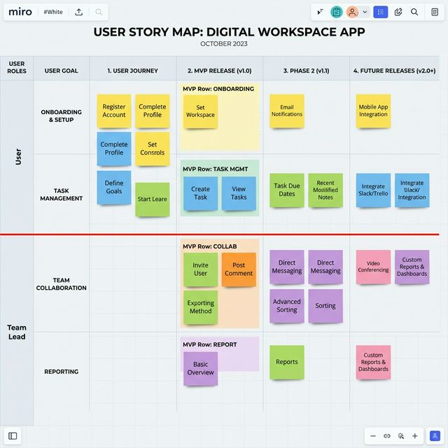 User Story Map diagram showing digital sticky notes arranged in columns and rows with an MVP release line