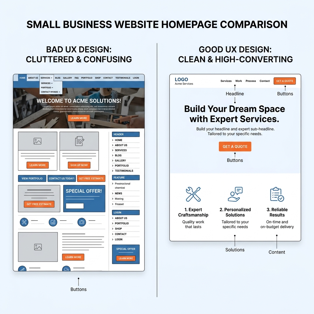 Small Business Website Homepage Bad vs Good UX Comparison